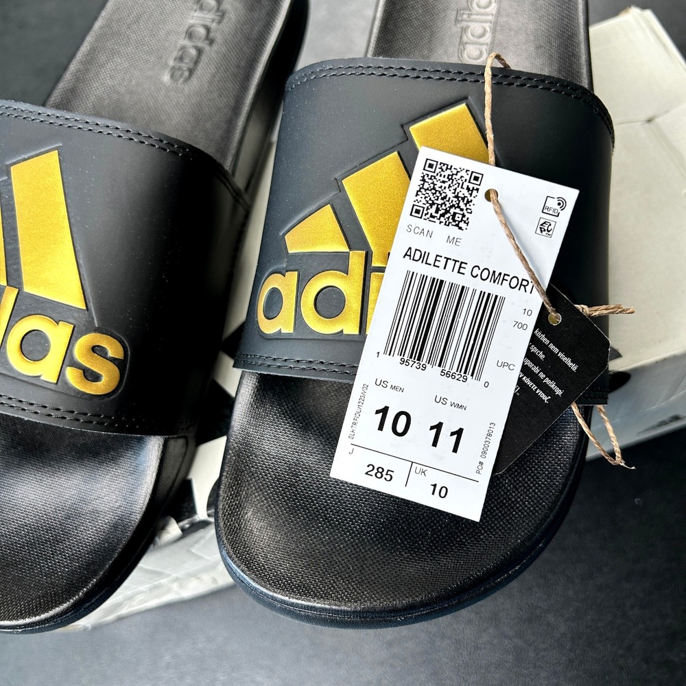 adidas Adilette Comfort Slides Mens 10 Womens 11 Black Gold Metallic GY1946 NEW - Picture 6 of 7